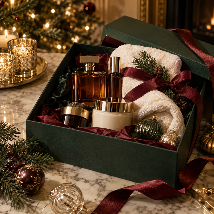 Festive beauty gifts styled with evergreen and burgundy ribbons