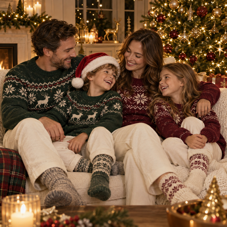 Christmas clothing in warm forest green, burgundy and gold