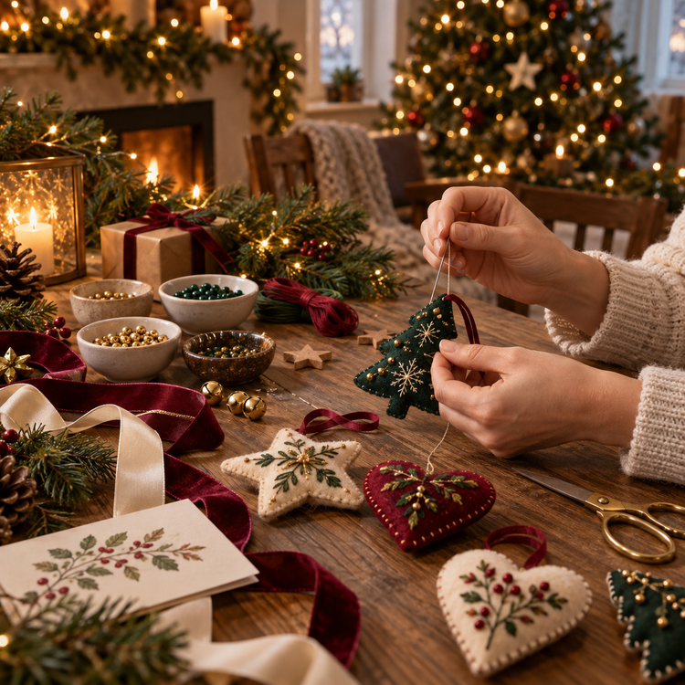 Christmas crafts in warm forest green, burgundy and gold