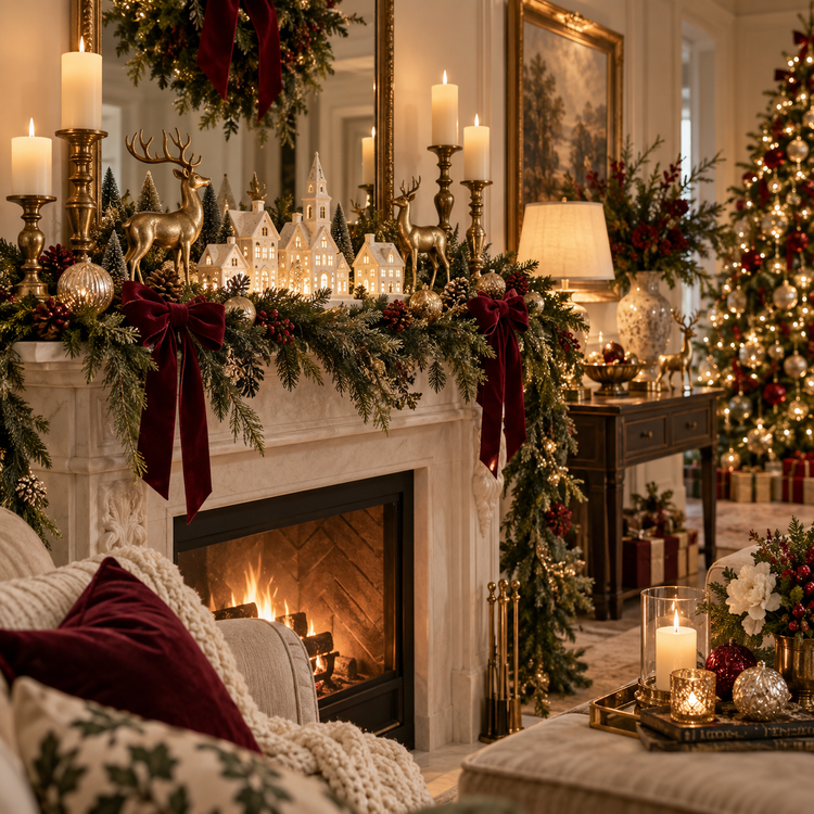Christmas decor in warm forest green, burgundy and gold