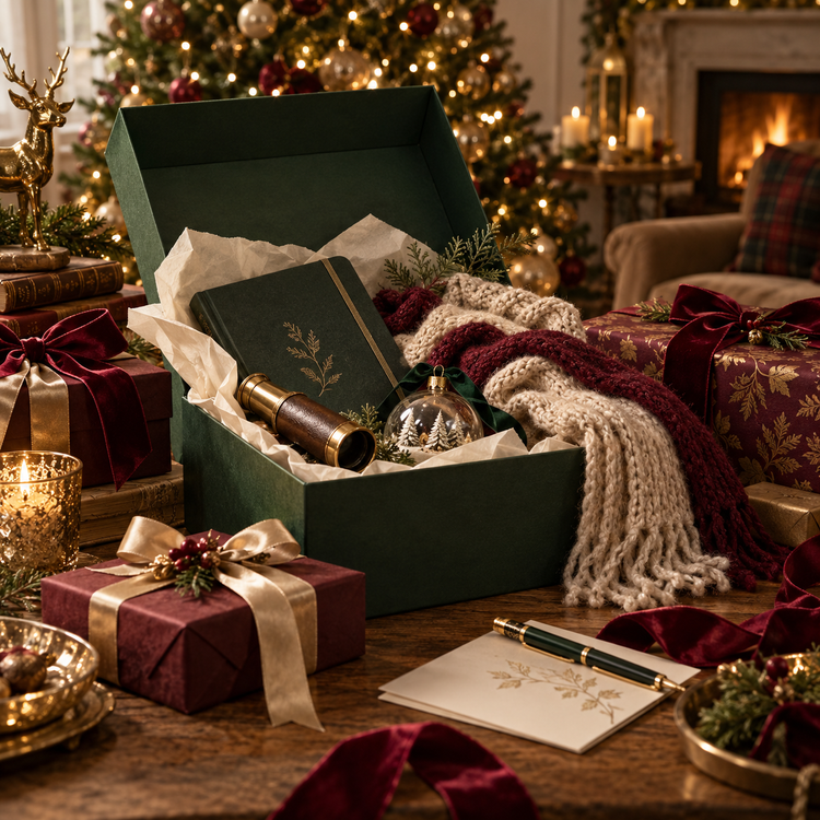 Christmas gifts in warm forest green, burgundy and gold