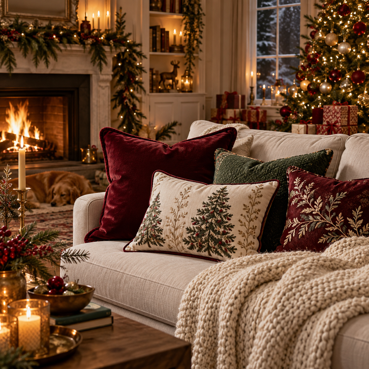 Christmas cushions and a knitted throw in a warmly lit festive living room