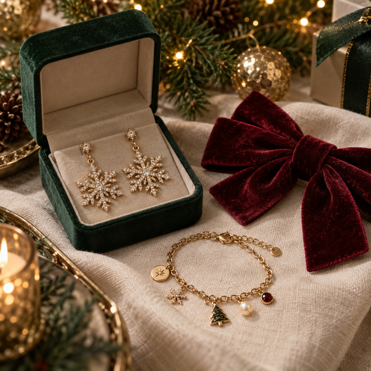 Festive jewelry gifts styled with evergreen and burgundy ribbons
