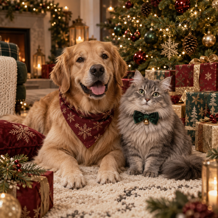 Christmas pets in warm forest green, burgundy and gold