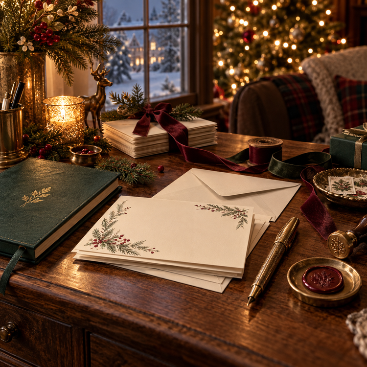 Festive stationery gifts styled with evergreen and burgundy ribbons