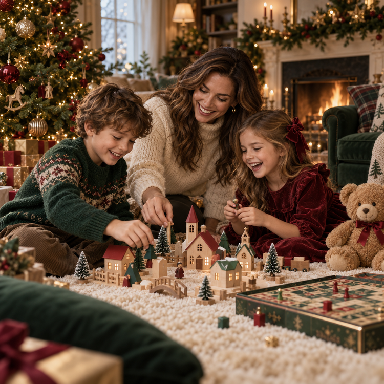 Christmas toys in warm forest green, burgundy and gold
