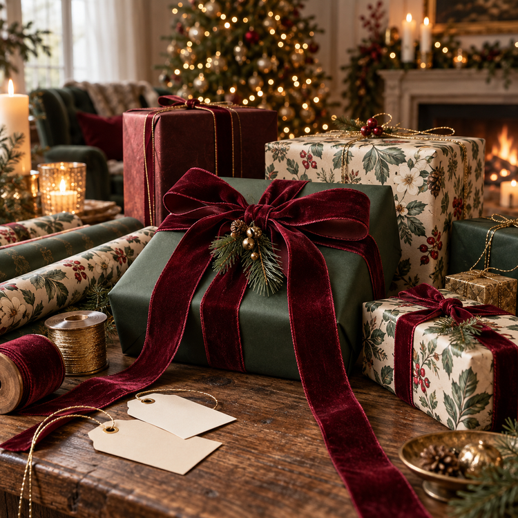 Christmas wrapping in warm forest green, burgundy and gold