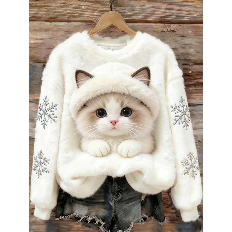 Womens 3D Printed Christmas Flannel Pullover Sweatshirt
