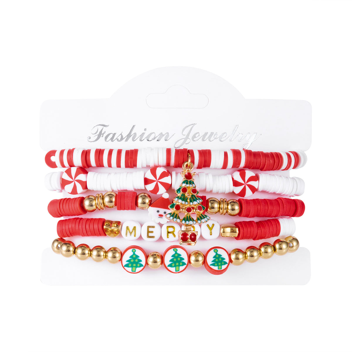 Christmas Series Pearl Soft Clay Rice Bead Bracelet Santa Bell Elk Pendant Bracelet Set