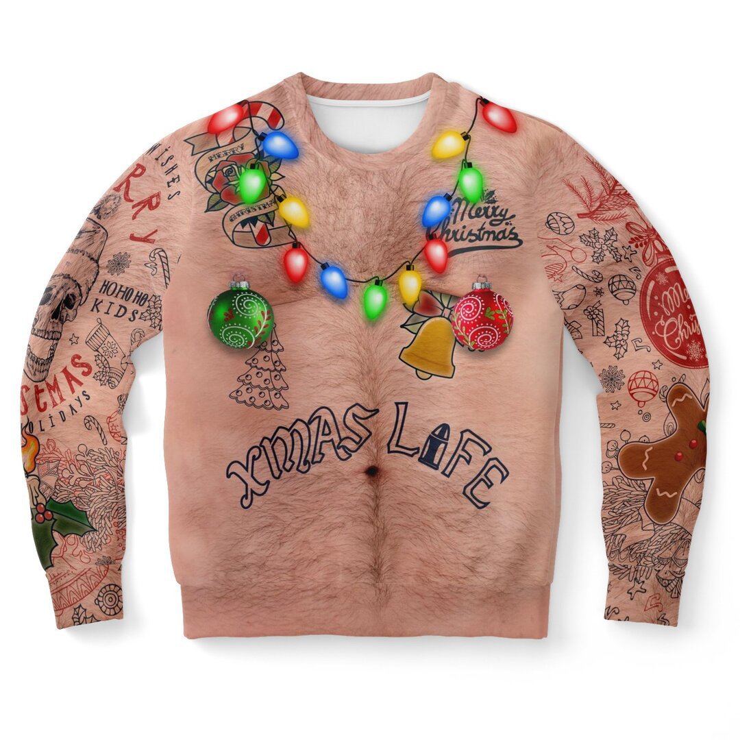 3D Printed Funny Chest Hair Couple Sweatshirt Long Sleeve Pullover Christmas Top