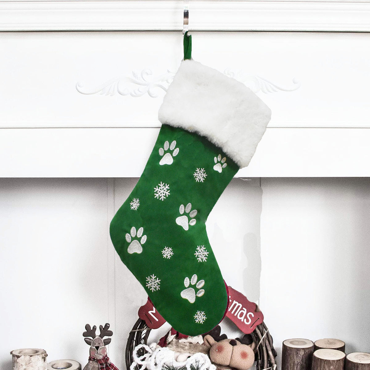 Red Green Embroidered Paw Print Snowflake Pet Christmas Stocking Holiday Decoration