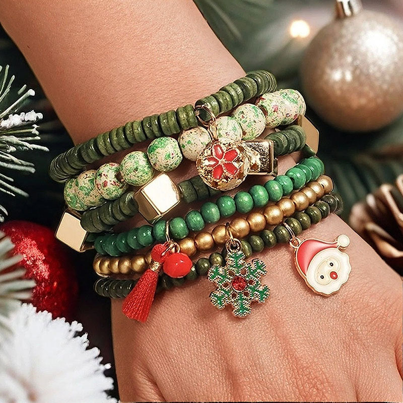 Holiday Christmas Layered Bracelet Set with Snowflake Pendant