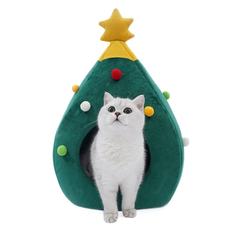 Enclosed Christmas Tree Pet House with Removable Cushion