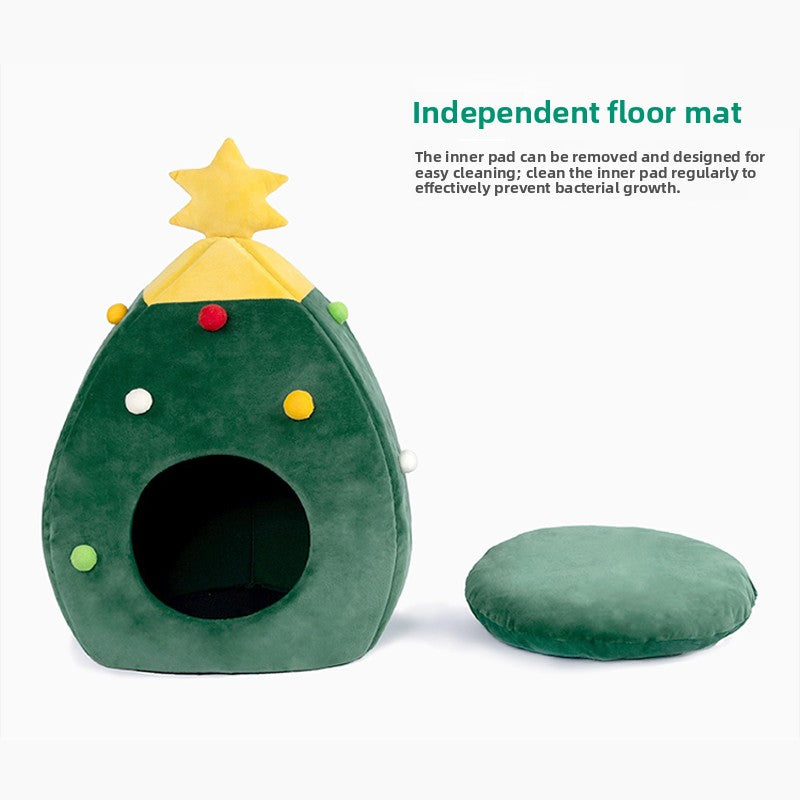 Enclosed Christmas Tree Pet House with Removable Cushion
