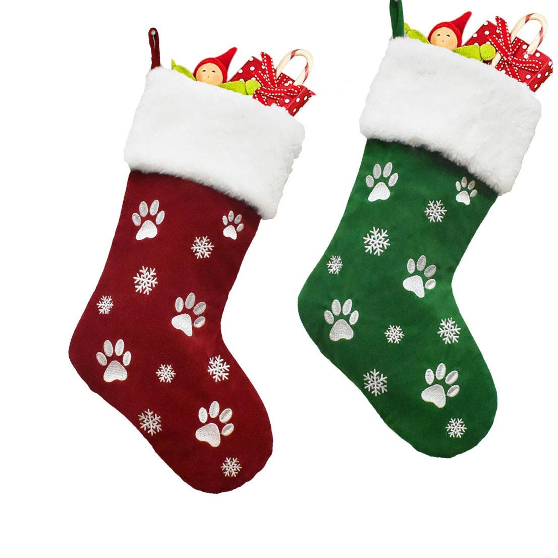 Red Green Embroidered Paw Print Snowflake Pet Christmas Stocking Holiday Decoration