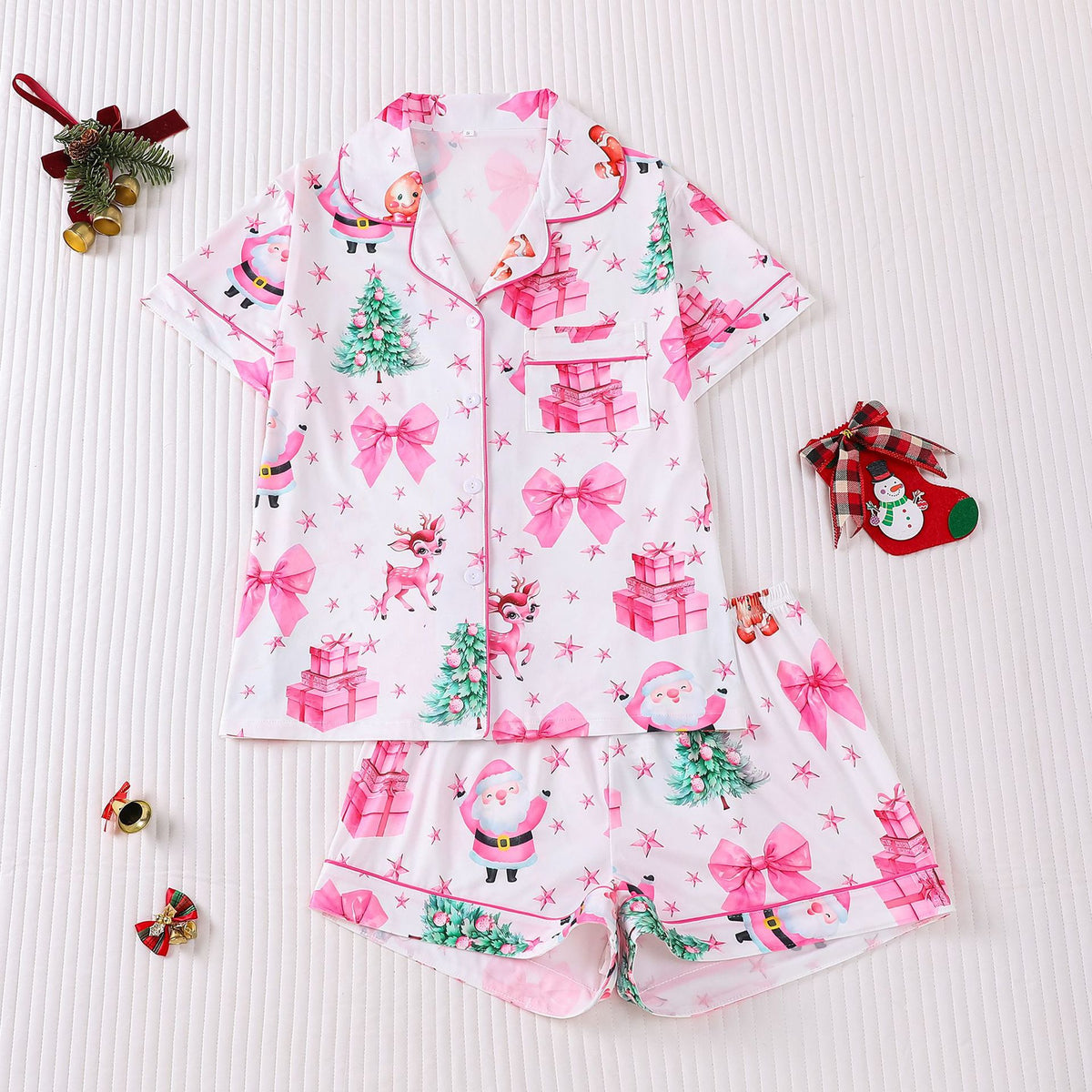 Women's Christmas Print Lapel Short Sleeve Pajama Set