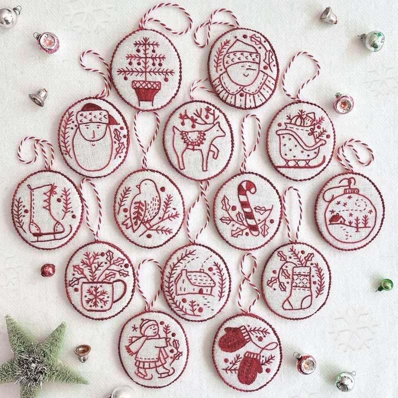 Hand Embroidery Christmas Ornament Set