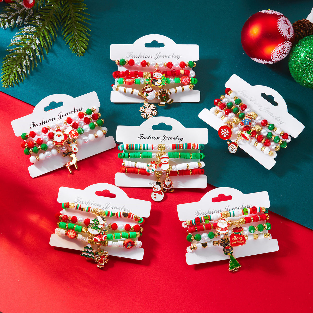 Christmas Series Pearl Soft Clay Rice Bead Bracelet Santa Bell Elk Pendant Bracelet Set