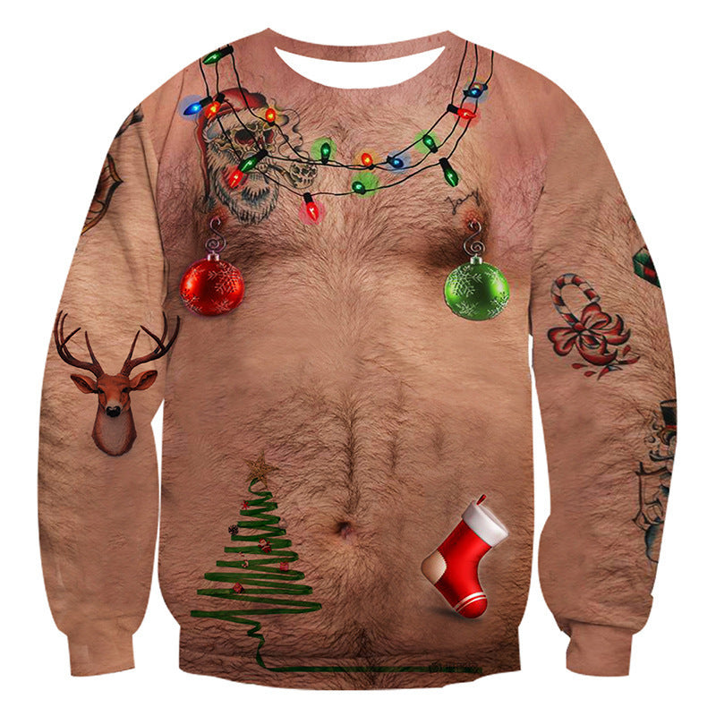 3D Printed Funny Chest Hair Couple Sweatshirt Long Sleeve Pullover Christmas Top
