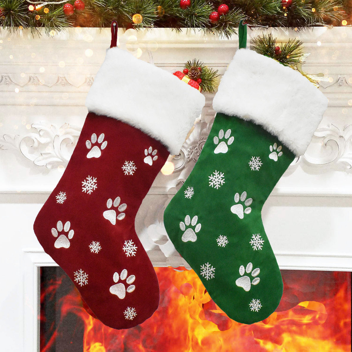 Red Green Embroidered Paw Print Snowflake Pet Christmas Stocking Holiday Decoration