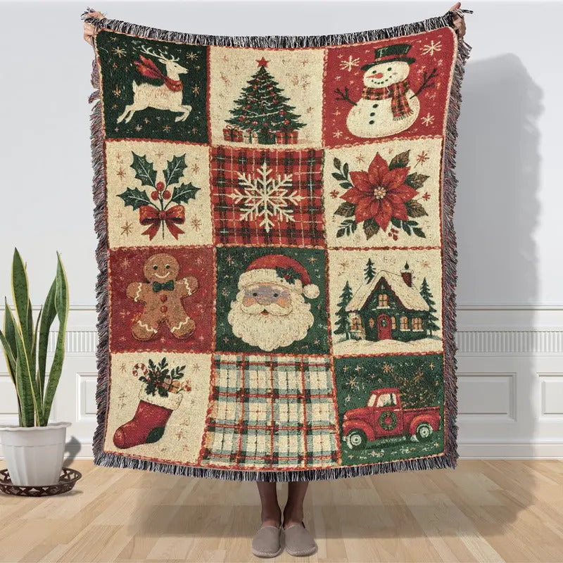 Retro Christmas Tassel Tapestry Throw Blanket