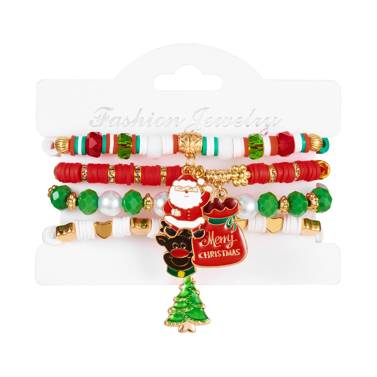 Christmas Series Pearl Soft Clay Rice Bead Bracelet Santa Bell Elk Pendant Bracelet Set