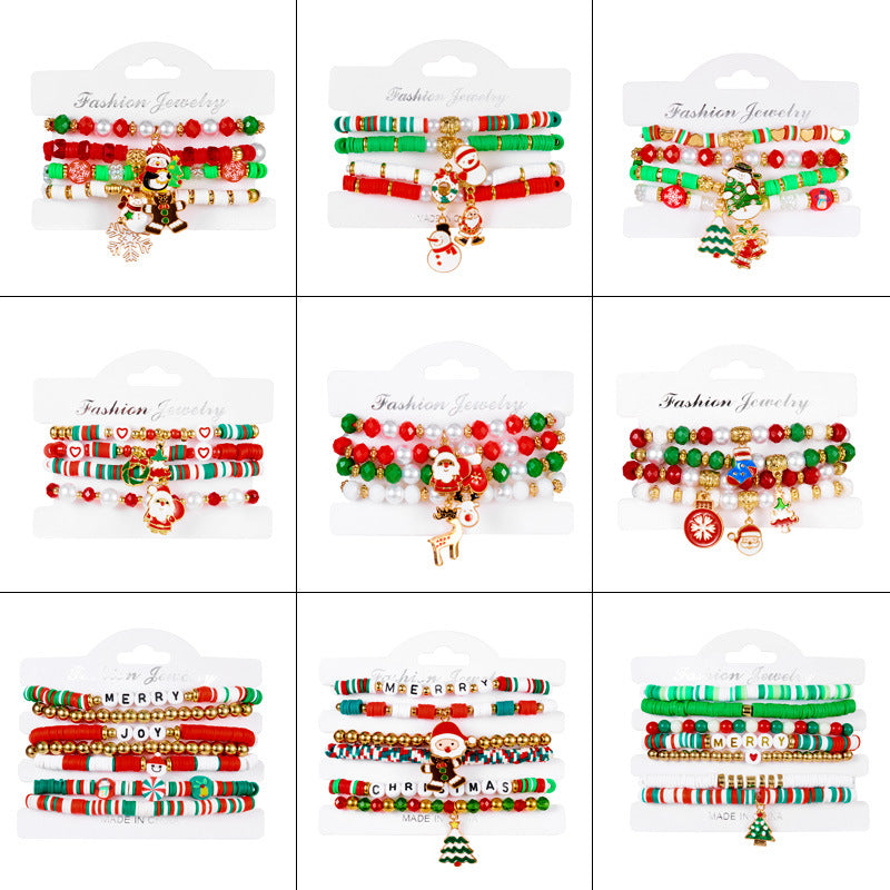 Christmas Series Pearl Soft Clay Rice Bead Bracelet Santa Bell Elk Pendant Bracelet Set