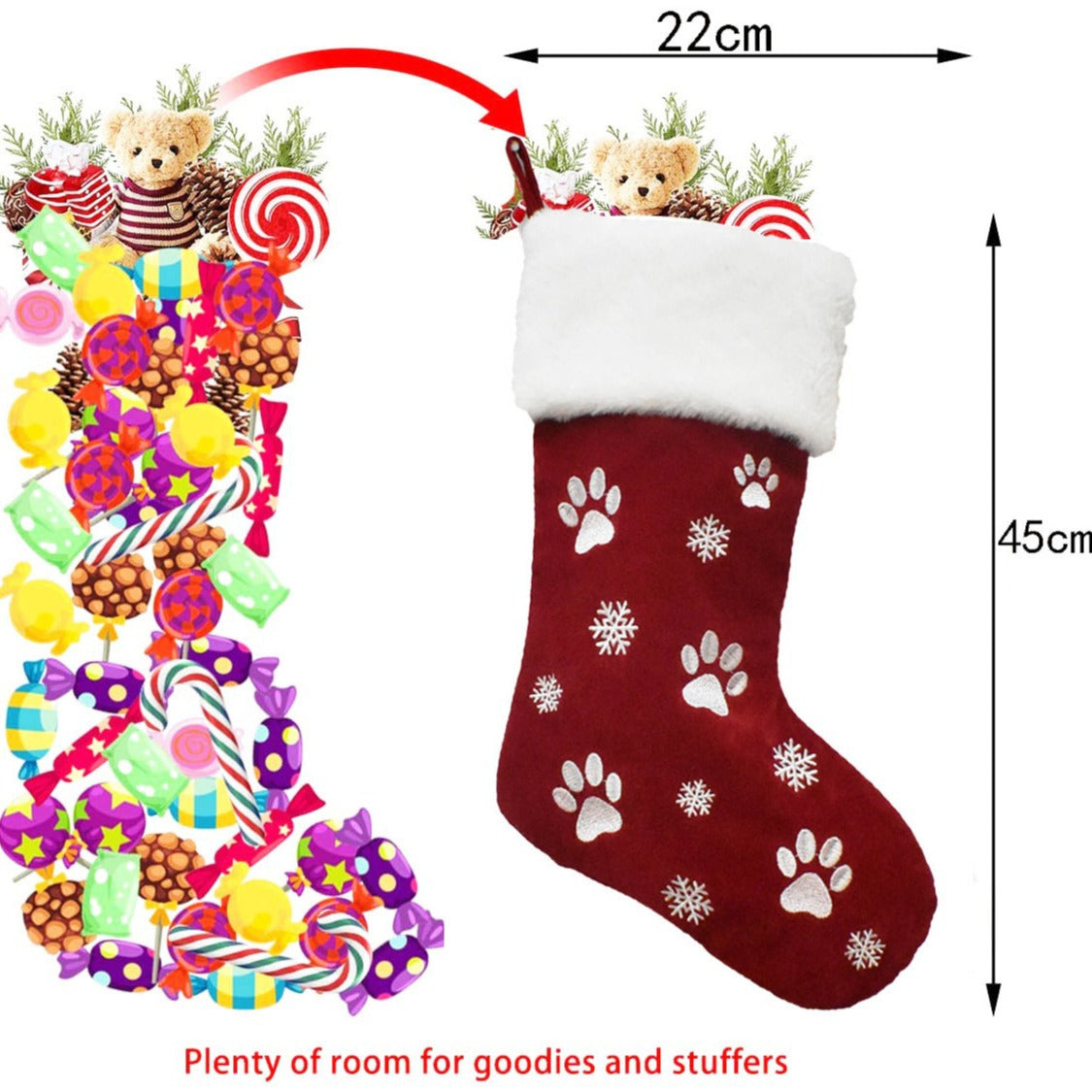 Red Green Embroidered Paw Print Snowflake Pet Christmas Stocking Holiday Decoration