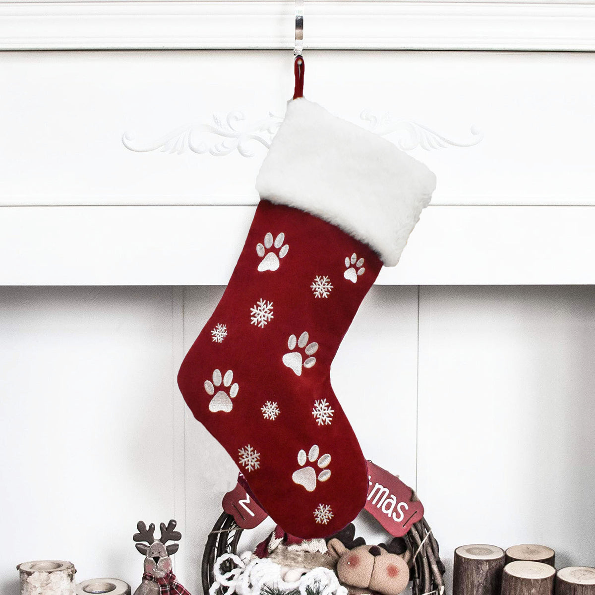 Red Green Embroidered Paw Print Snowflake Pet Christmas Stocking Holiday Decoration