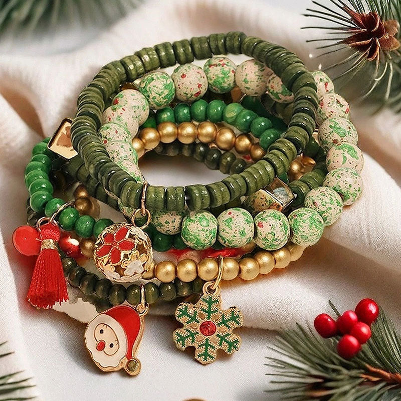 Holiday Christmas Layered Bracelet Set with Snowflake Pendant