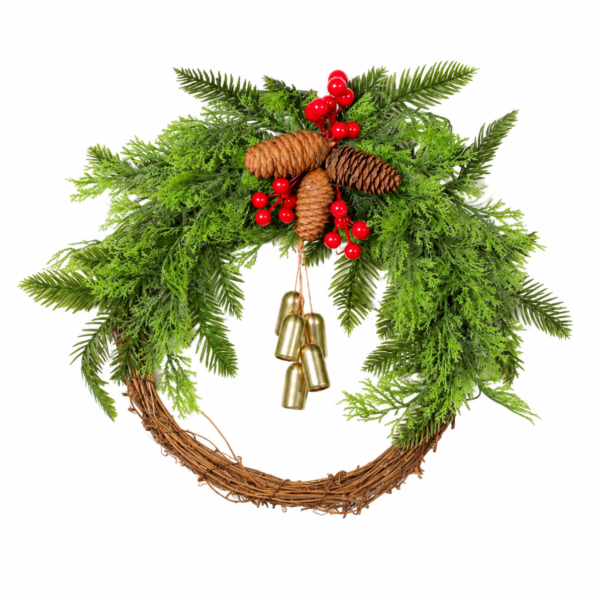 Christmas bell wreath large size with foliage, pine cones and red berries