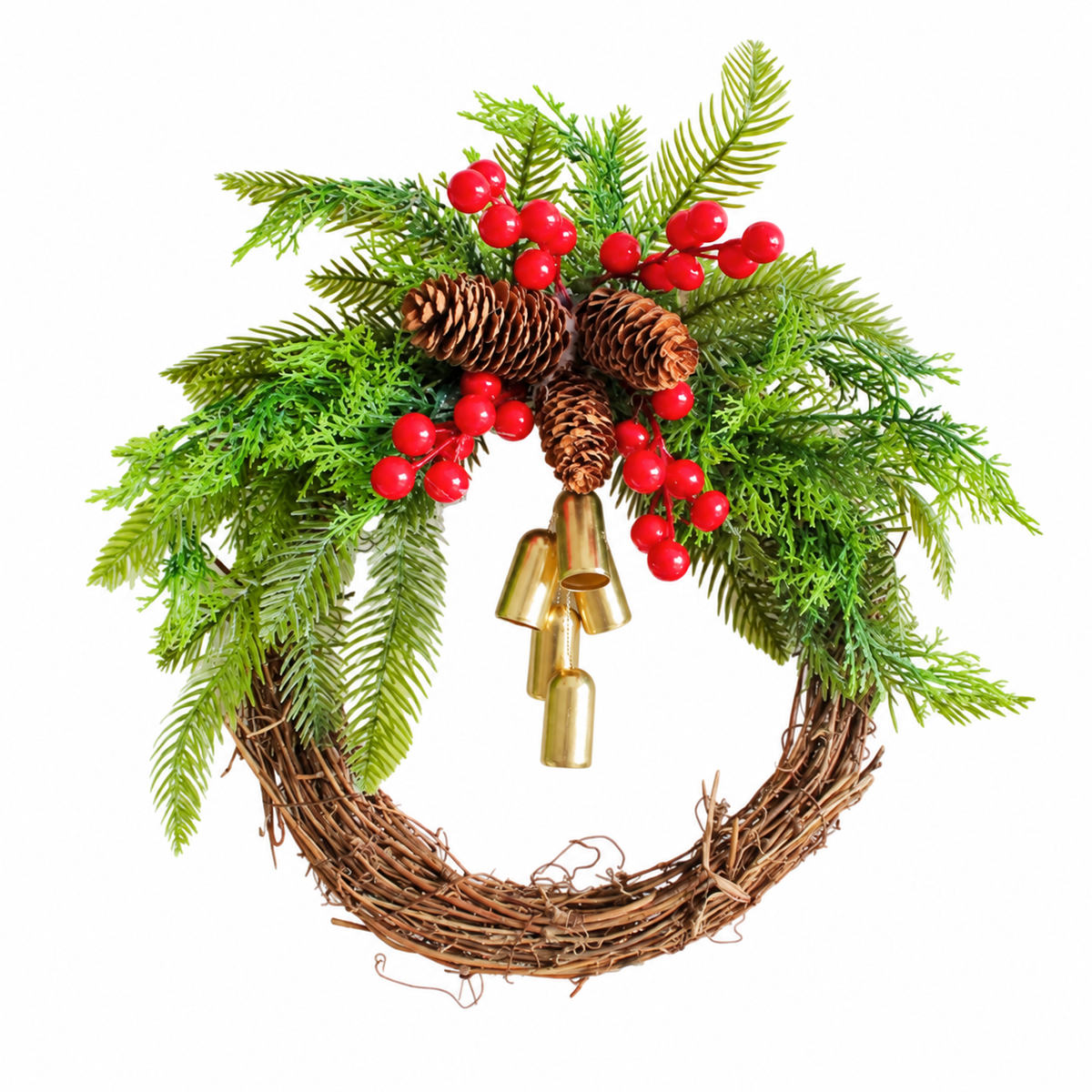 Christmas bell wreath small size with foliage, pine cones and red berries
