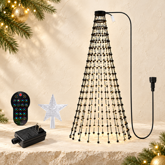 Bluetooth tree light set on ivory Christmas background; US adapter shown, connection varies by option