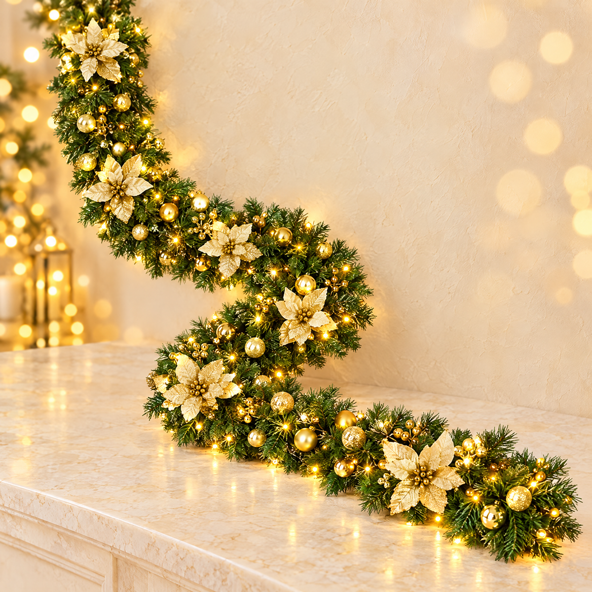 Gold Christmas garland with poinsettias and warm lights