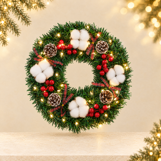 Christmas Wreath Cotton Decor with Optional Lights — ivory Christmas product photograph