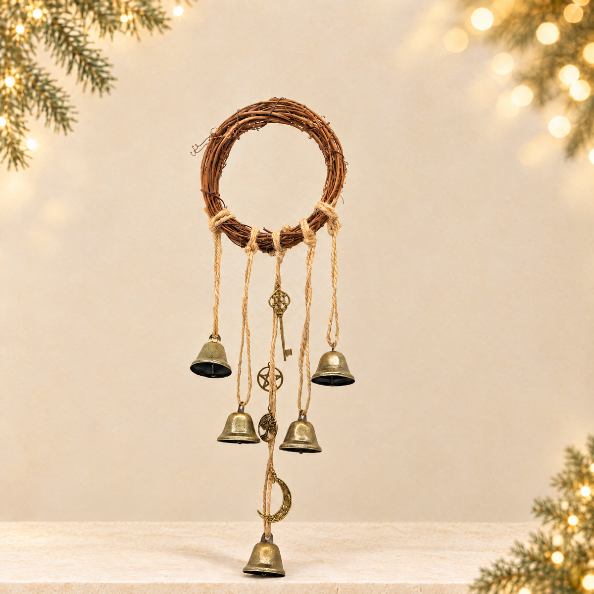 Witch Bell Door Handle Protection Pendant Good Luck Vine Wind Chime Outdoor Wind Chime Door Christmas Bell Hanging Decoration String — ivory Christmas product photograph