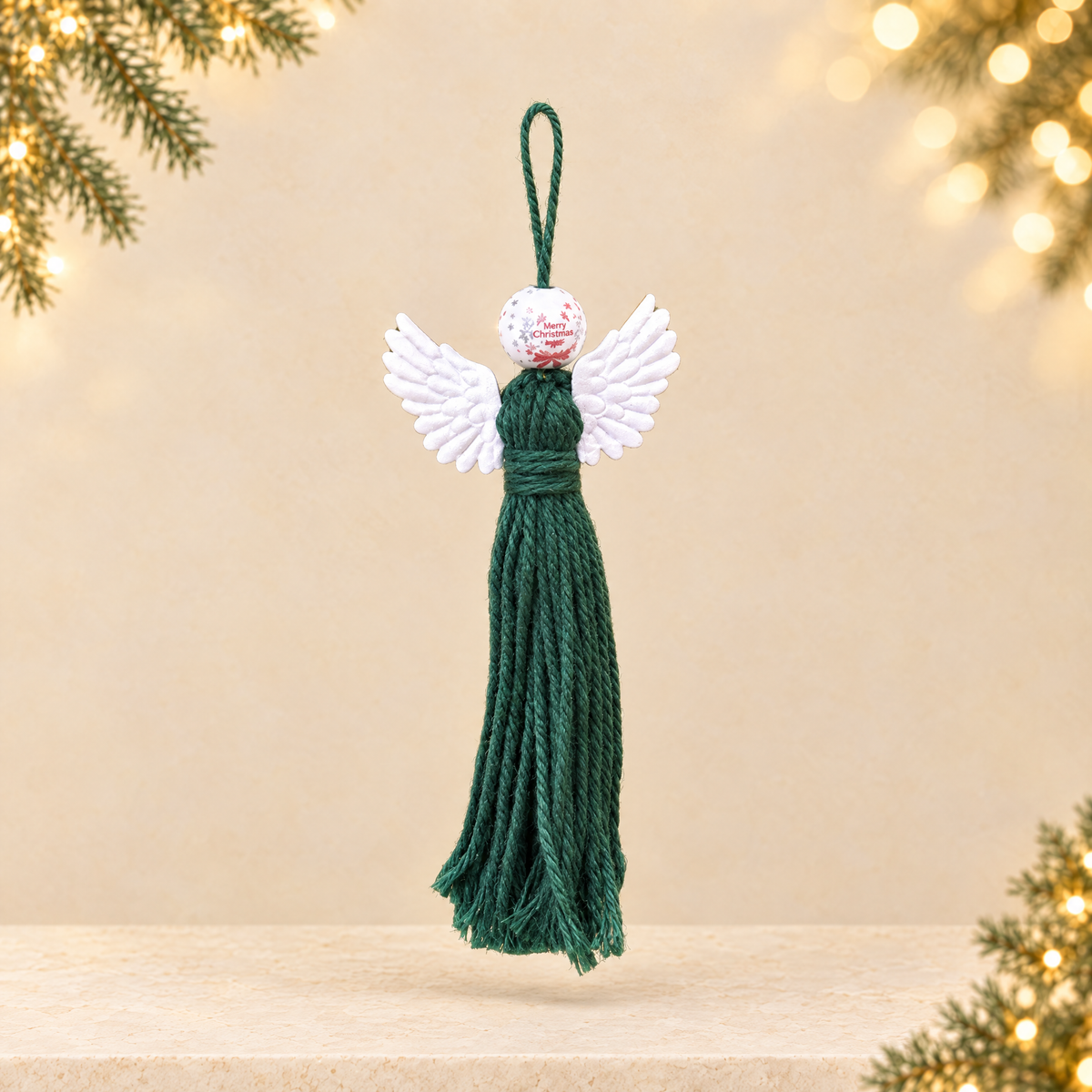Bohemian Handmade Cotton Rope Christmas Angel Pendant — ivory Christmas product photograph