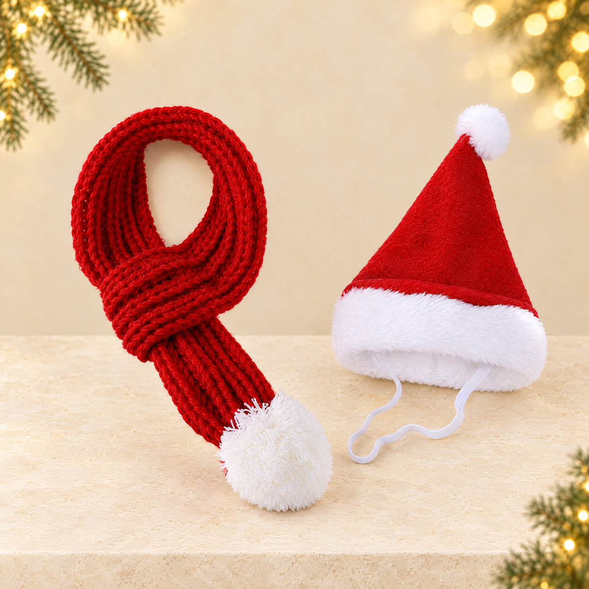 Creative pet Christmas hat and scarf set — ivory Christmas product photograph