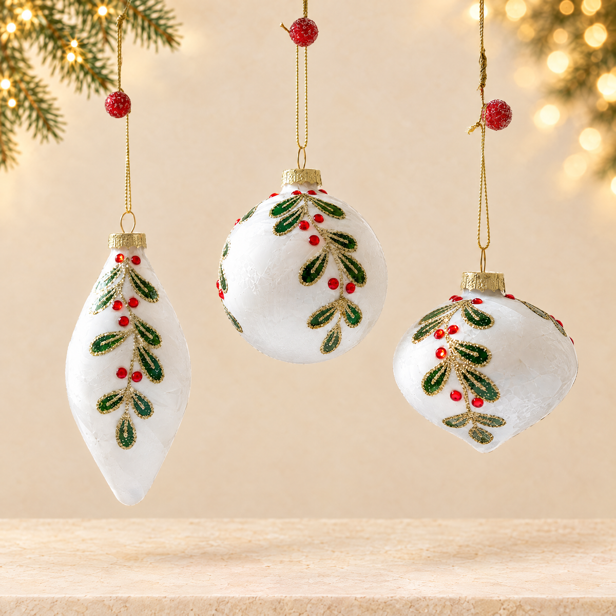 Hand-Painted Glass Christmas Ornament Set — ivory Christmas product photograph