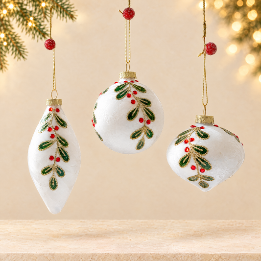 Hand-Painted Glass Christmas Ornament Set — ivory Christmas product photograph