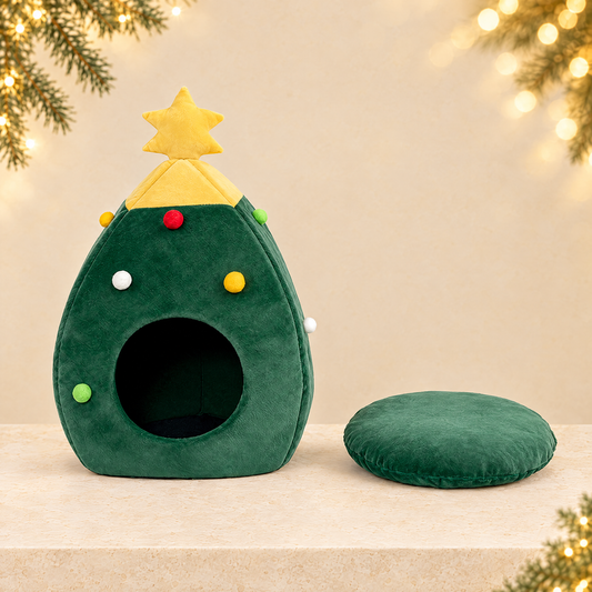 Enclosed Christmas Tree Pet House with Removable Cushion — ivory Christmas product photograph