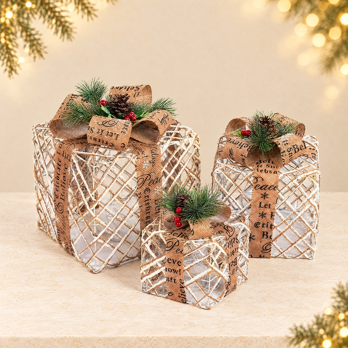 Luminous Christmas Decorative Gift Box Set — ivory Christmas product photograph