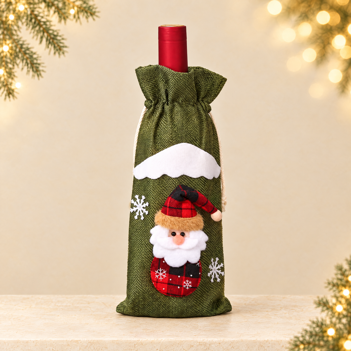 Christmas Linen Wine Bottle Cover Decorative Doll — ivory Christmas product photograph