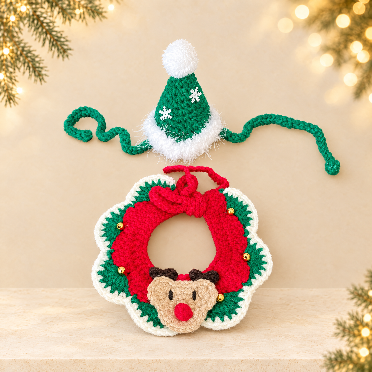 Pet Cat Dog Christmas Snowflake Collar Hand Hook Wool Hat — ivory Christmas product photograph