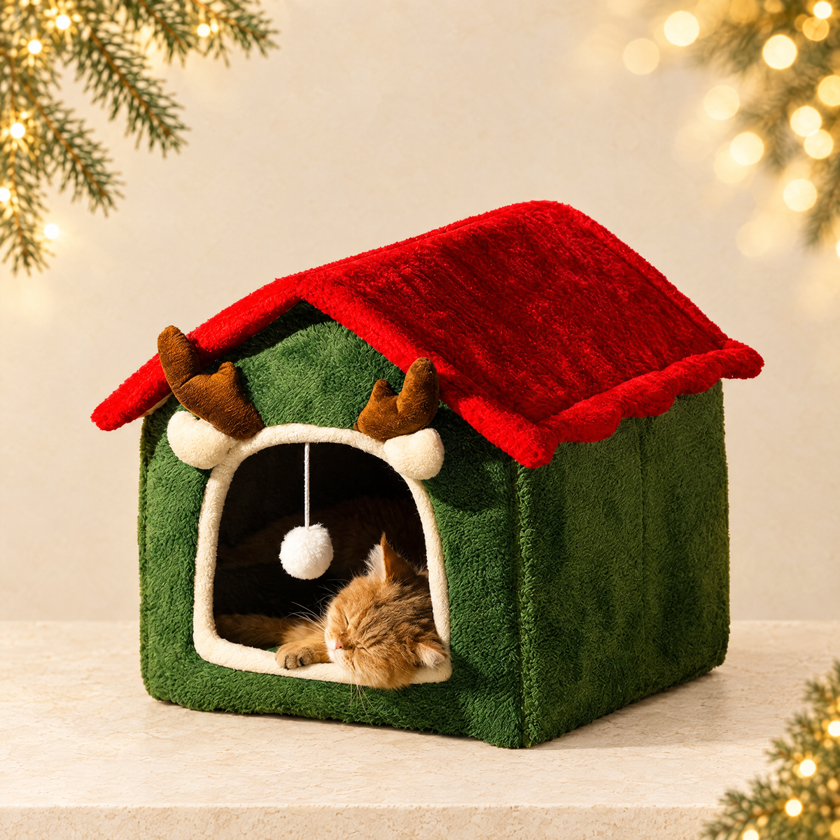 Christmas Cat Kennel, Warm in Winter, Universal for All Seasons, Removable and Washable Kennel, Enclosed Fleece-Lined and Thickeneded Cat House, Tent House — ivory Christmas product photograph
