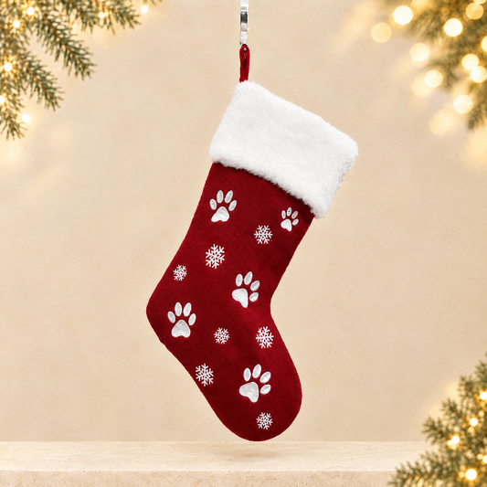 Red Green Embroidered Paw Print Snowflake Pet Christmas Stocking Holiday Decoration — ivory Christmas product photograph