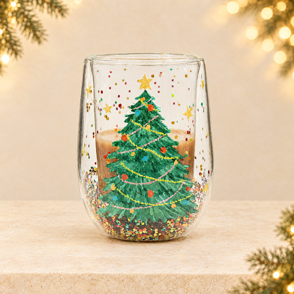 Double-layer Christmas tree cup with heat resistance and non-hot handle — ivory Christmas product photograph