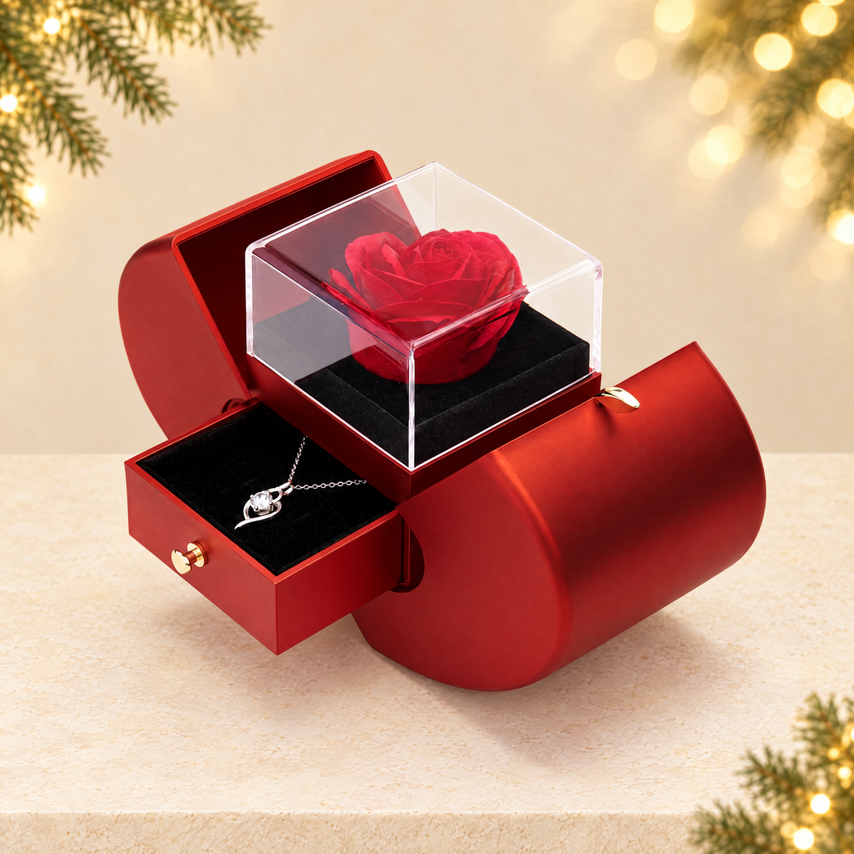 Eternal Flower Christmas Jewelry Gift Box with Necklace — ivory Christmas product photograph