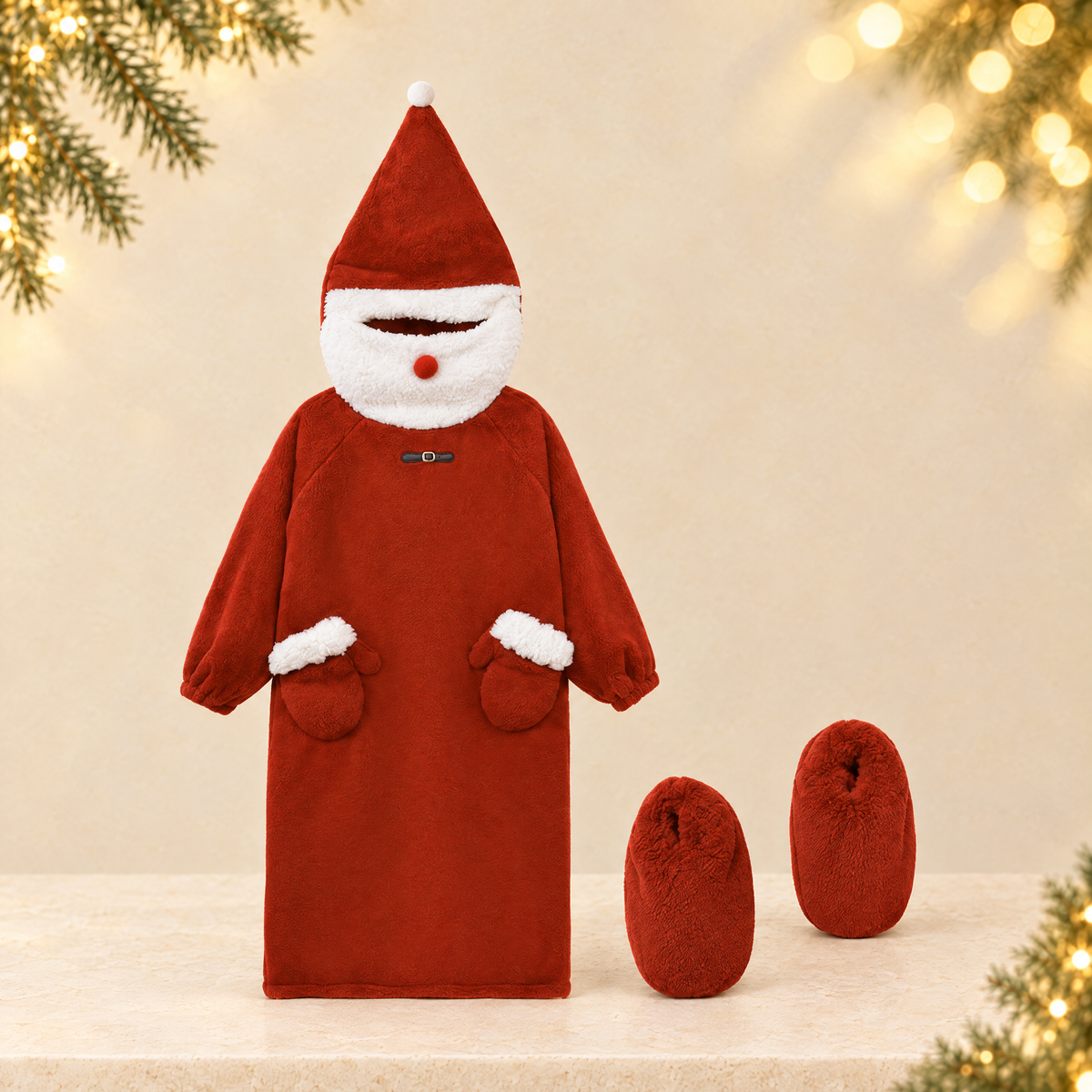 Funny Santa Claus One-piece Fleece Pajamas for Women — ivory Christmas product photograph