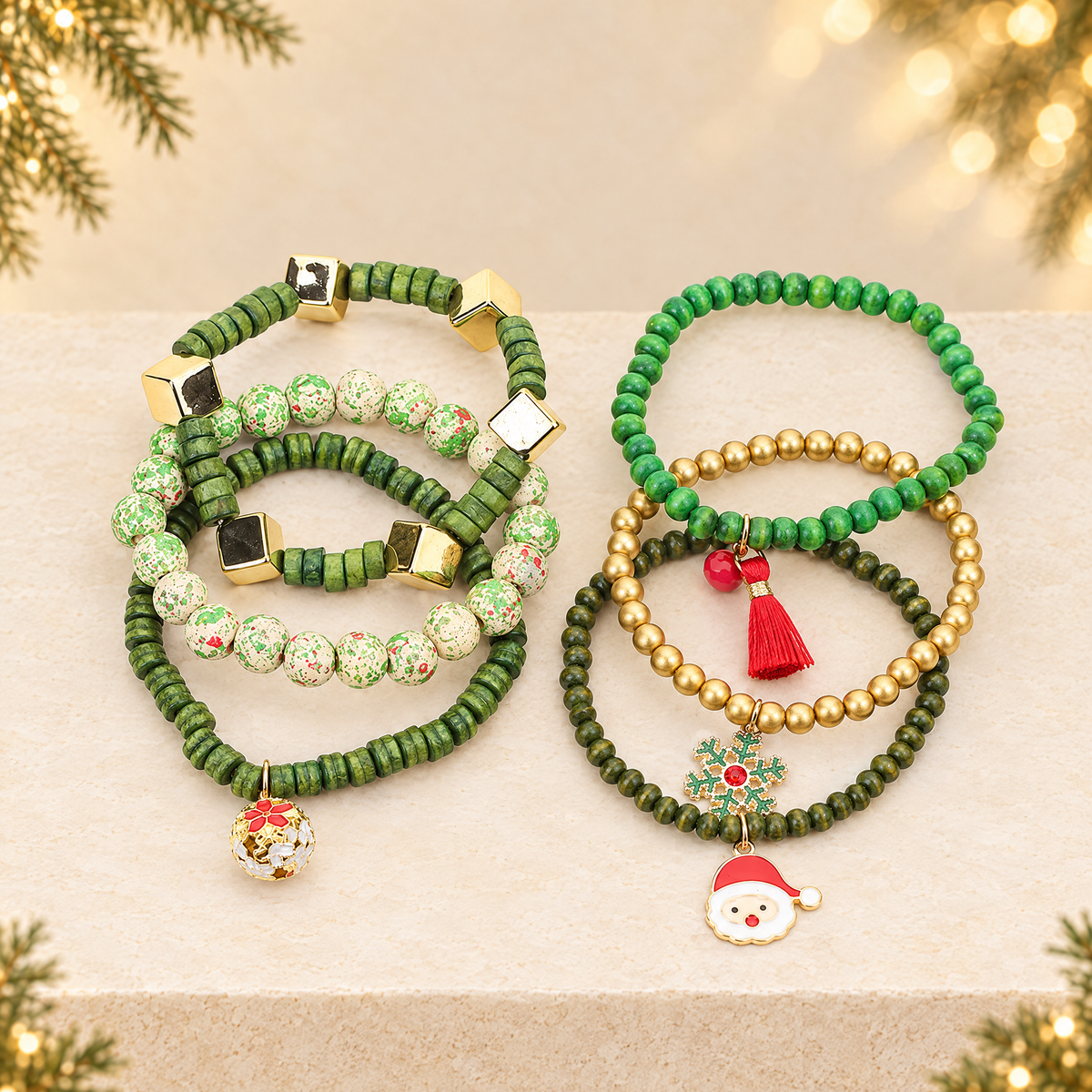 Holiday Christmas Layered Bracelet Set with Snowflake Pendant — ivory Christmas product photograph